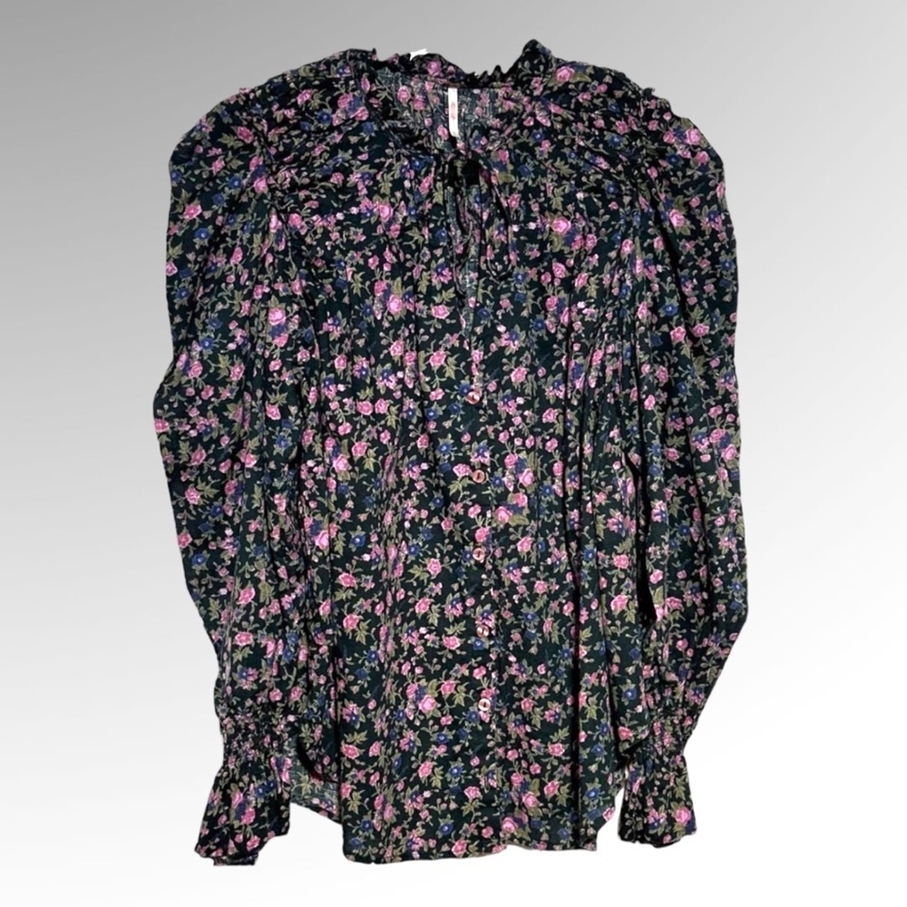 Free People Black Floral Long-Sleeve Boho Blouse